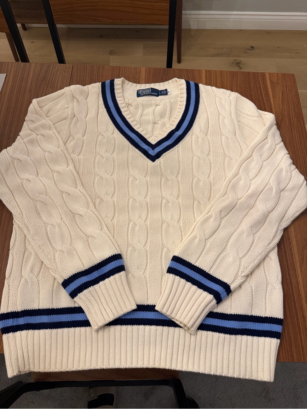 Ralph Lauren Cream Cable-Knit V-Neck Sweater with Blue Trim